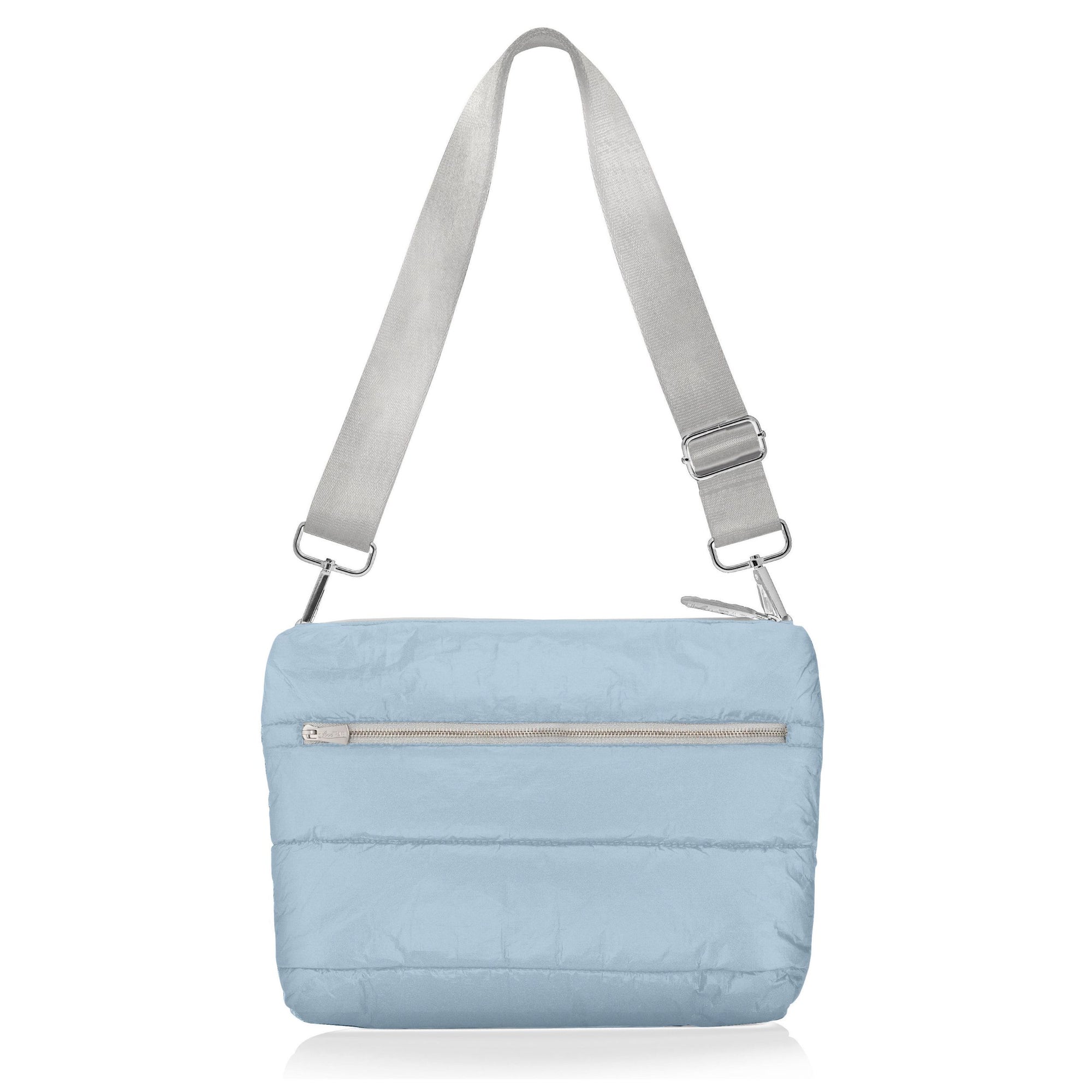 Shimmer light blue puffer purse with long gray strap