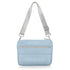 Shimmer light blue puffer purse with long gray strap