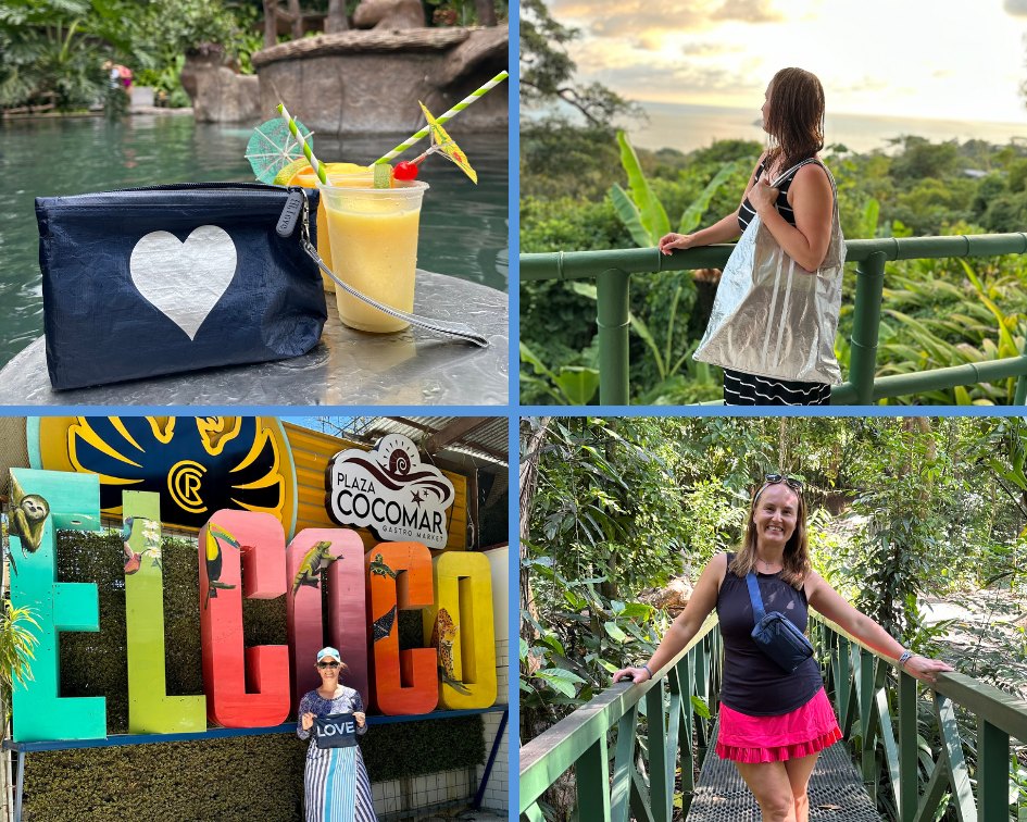 Collection of navy blue fanny pack, navy blue mini pouch with silver heart, carryall tote bag in silver with white stripes, black medium pouch with silver LOVE around Costa Rica