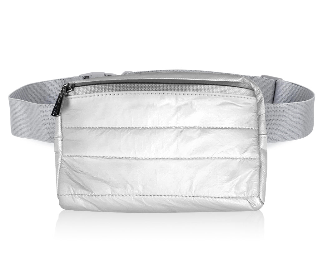 Puffer fanny pack shimmer white with gray strap