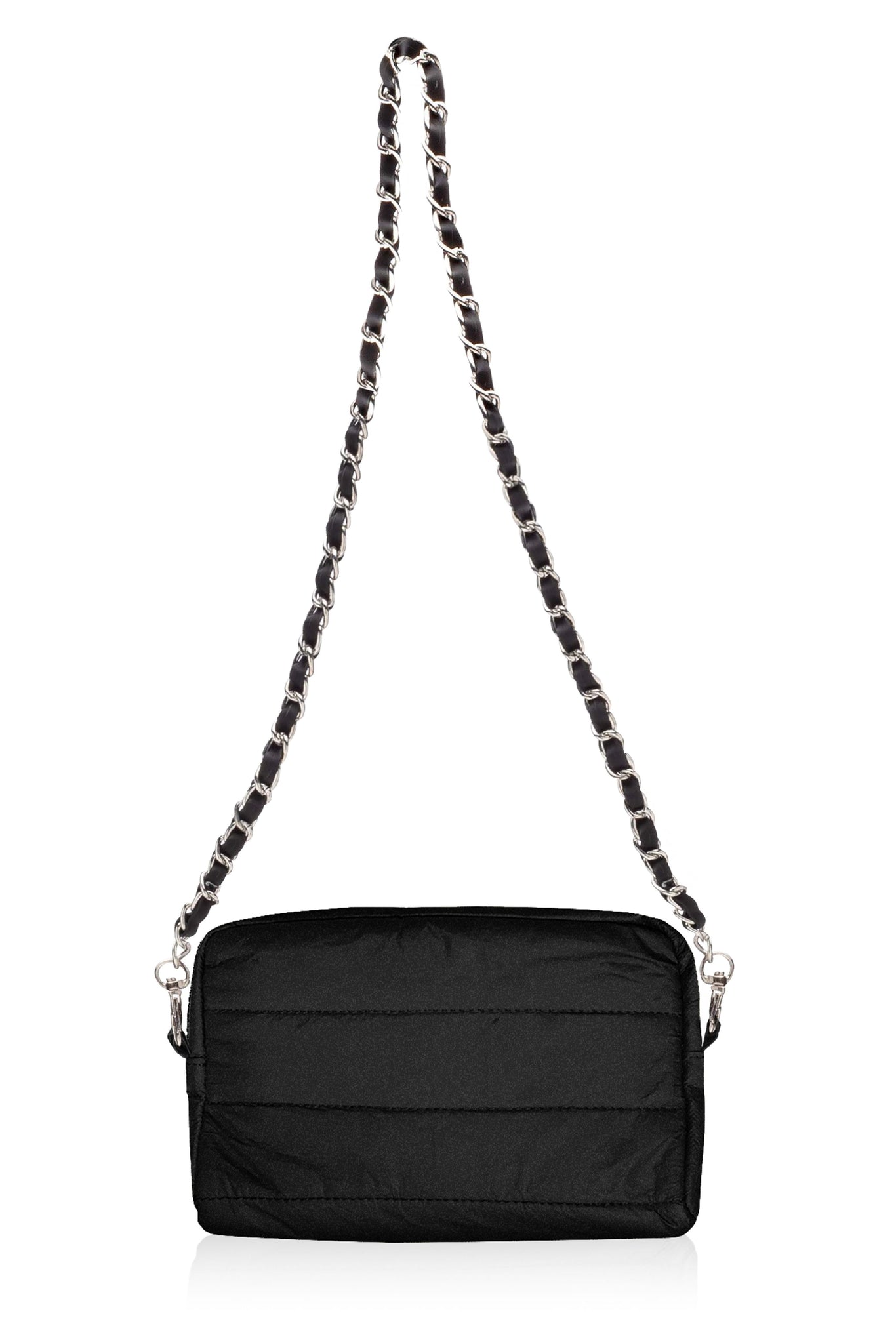 Mini puffer purse in shimmer black with silver chain purse strap