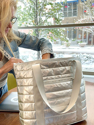 On the Go with Metallic Silver Puffer Tote Bag