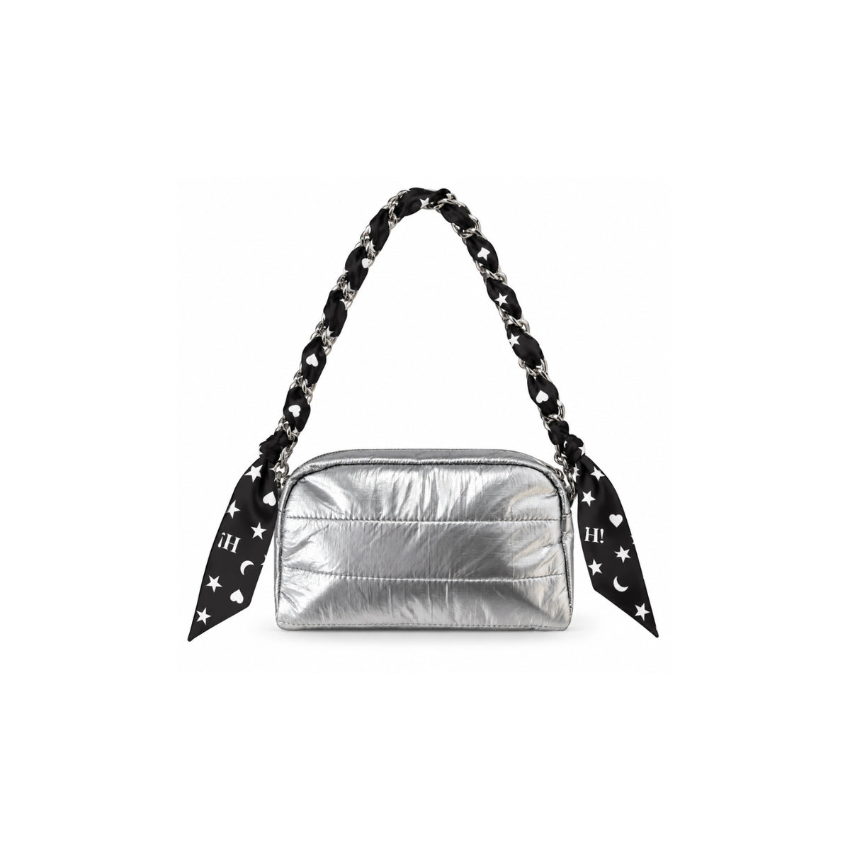 A silver purse with a scarfette wrapped around the chain against a white background.
