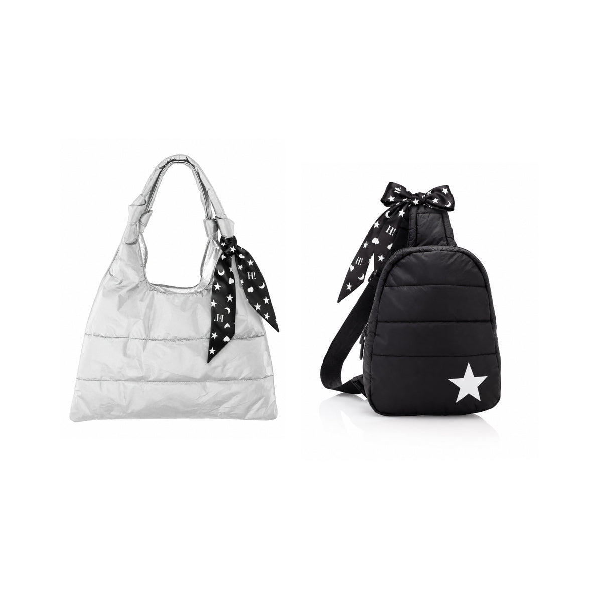 Two puffer-style bags on a white background: a metallic silver shoulder bag with a black-and-white patterned scarf tied at the handle, and a black quilted backpack with a white star on the front and a matching black-and-white print scarfette around the handle.