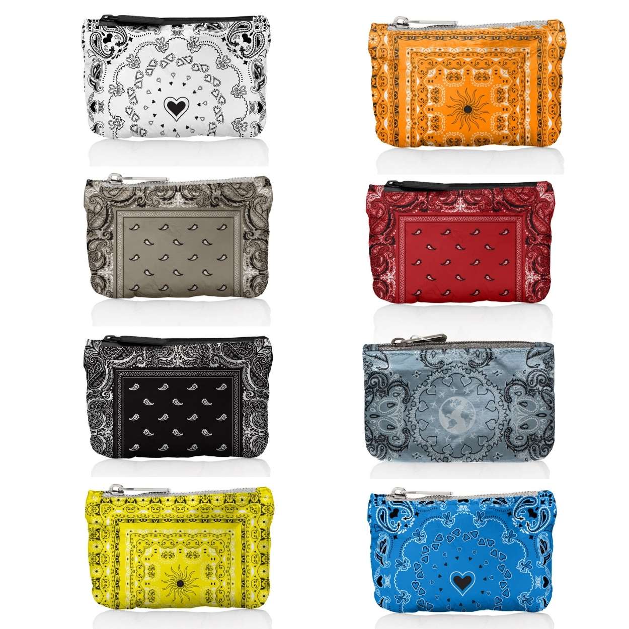Set of colorful bandana patterned pouches in white, red, orange, beige, black, light blue, yellow, and blue on a white background