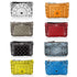 Set of colorful bandana patterned pouches in white, red, orange, beige, black, light blue, yellow, and blue on a white background