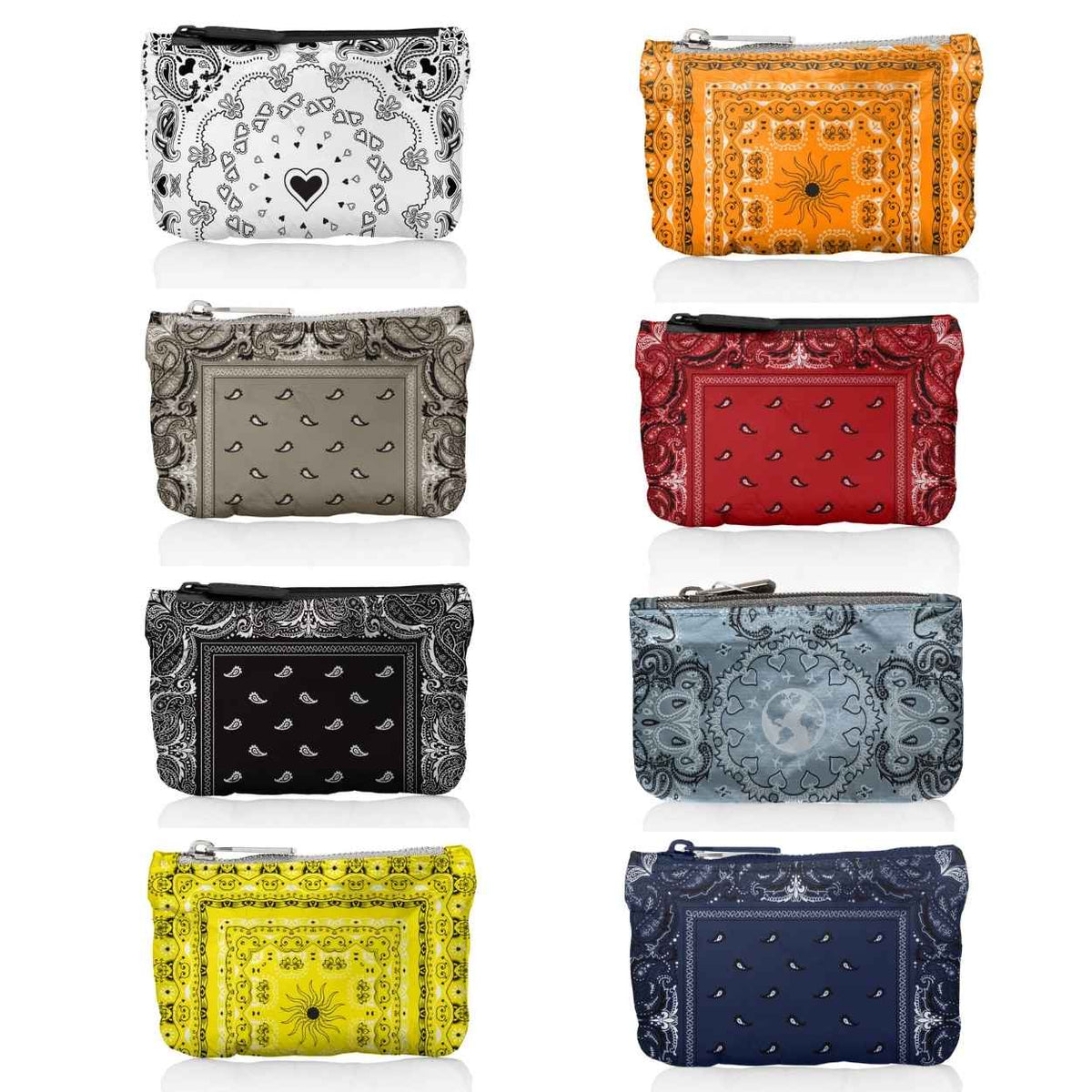 Set of colorful bandana patterned pouches in white, red, orange, beige, black, light blue, yellow, and navy blue on a white background