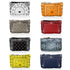 Set of colorful bandana patterned pouches in white, red, orange, beige, black, light blue, yellow, and navy blue on a white background