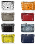 Set of colorful bandana patterned pouches in white, red, orange, beige, black, light blue, yellow, and navy blue on a white background