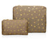 Set of two shimmer bronze zipper pouches with metallic gold heart, moon, and star print, including medium and mini pouch on white background