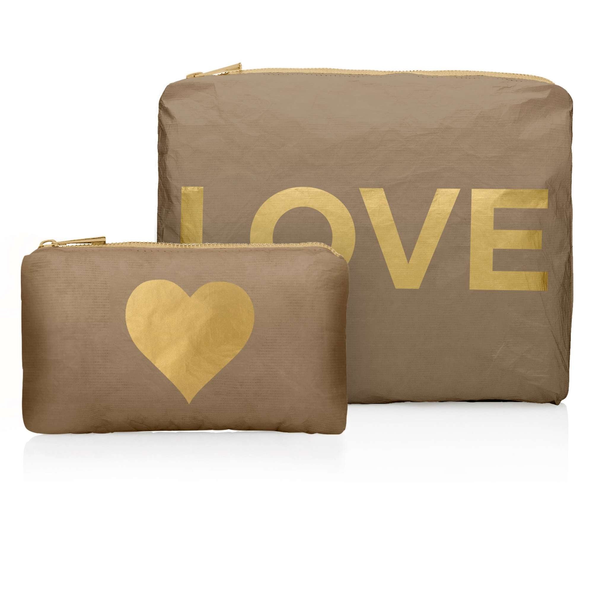 Set of Two Zipper Pouches in Shimmer Bronze featuring a Medium Pouch with gold LOVE lettering and a Mini Pouch with a metallic gold heart.