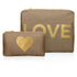Set of Two Zipper Pouches in Shimmer Bronze featuring a Medium Pouch with gold LOVE lettering and a Mini Pouch with a metallic gold heart.