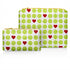 Two zippered pouches with a tennis-themed pattern of green tennis balls and red hearts on a white background.
