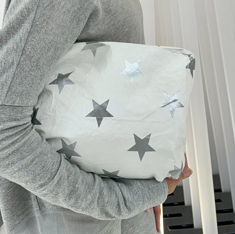 shimmer white medium zipper pouch with silver stars