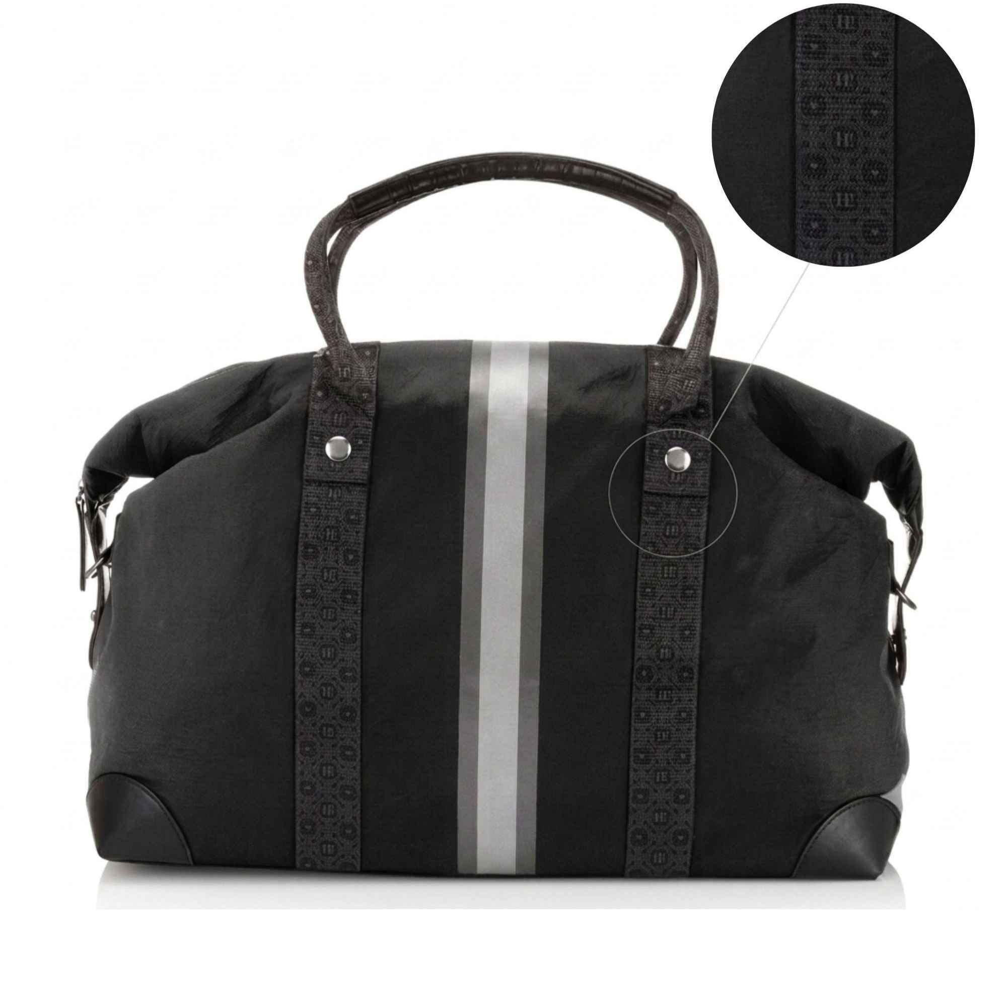 A black duffel bag with a central vertical silver and pewter stripe and two signature patterned webbing straps on the sides, shown on a white background with a circular detail inset.