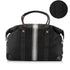A black duffel bag with a central vertical silver and pewter stripe and two signature patterned webbing straps on the sides, shown on a white background with a circular detail inset.