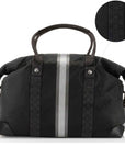 A black duffel bag with a central vertical silver and pewter stripe and two signature patterned webbing straps on the sides, shown on a white background with a circular detail inset.