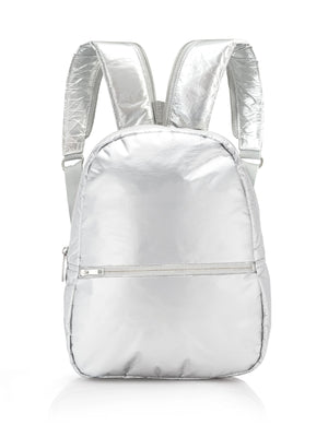 Backpack with outside zipper pocket in silver