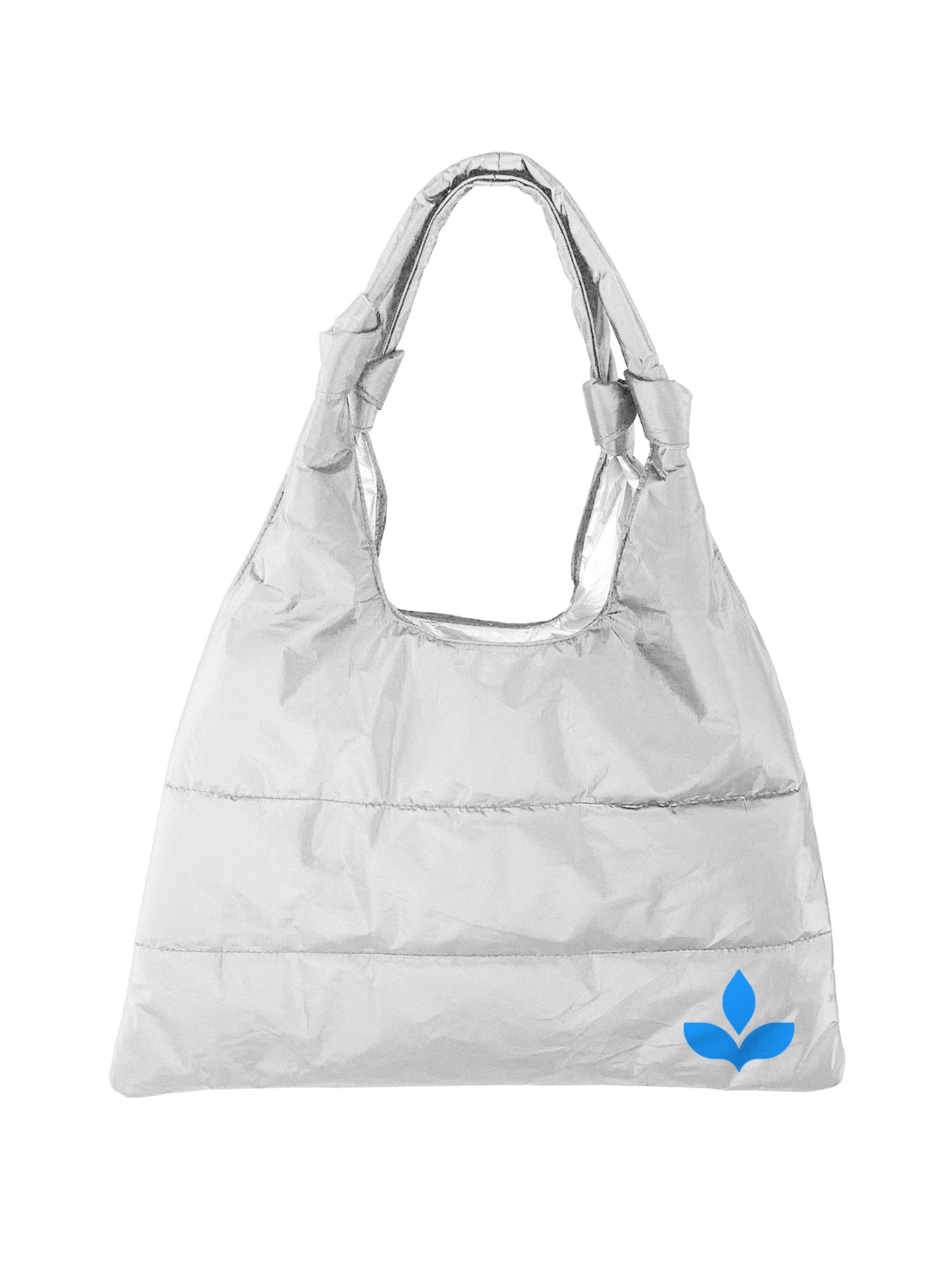 Shimmer White tote bag with a blue logo on a white background