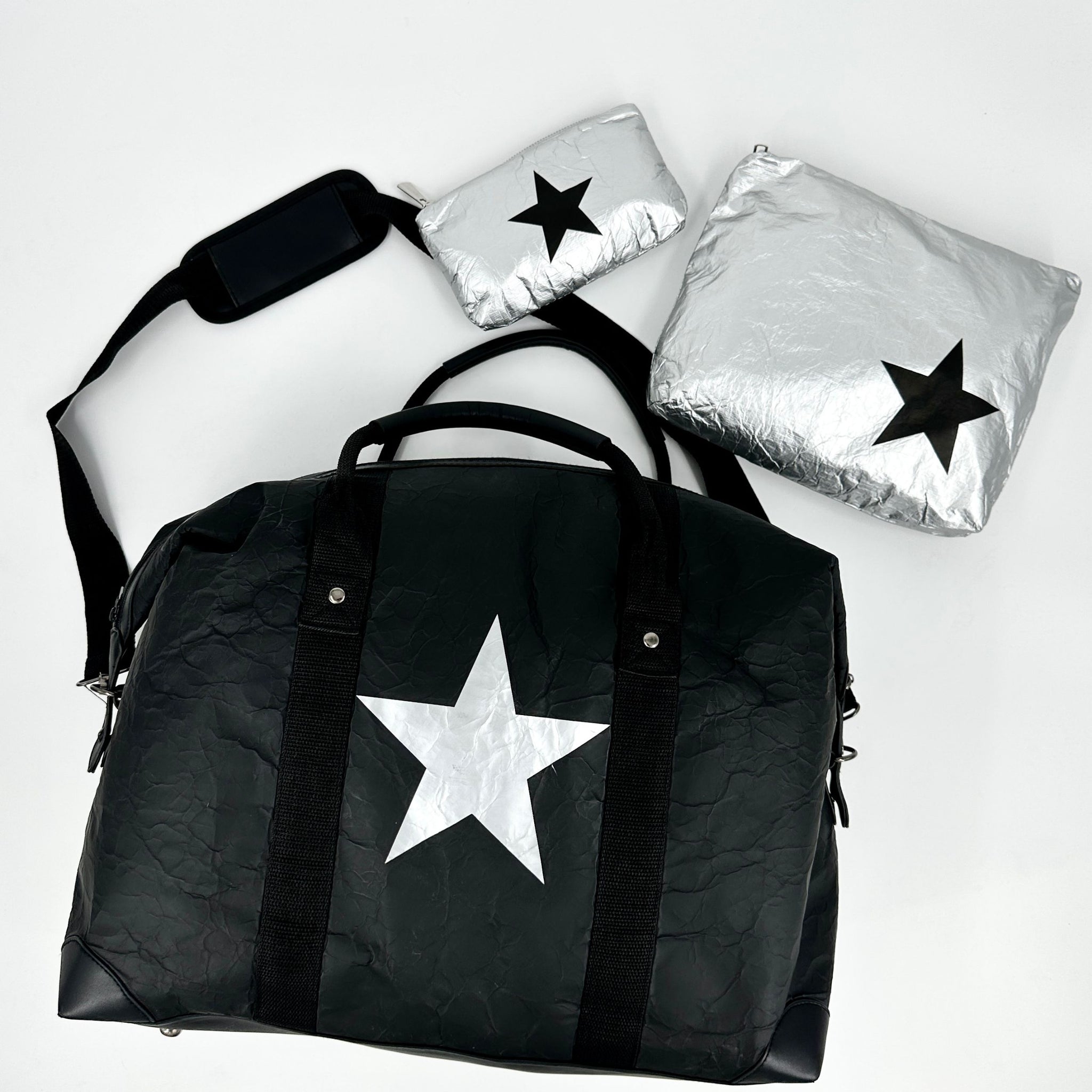 The Weekender Set of Five Travel Bags - Black and Silver with Stars