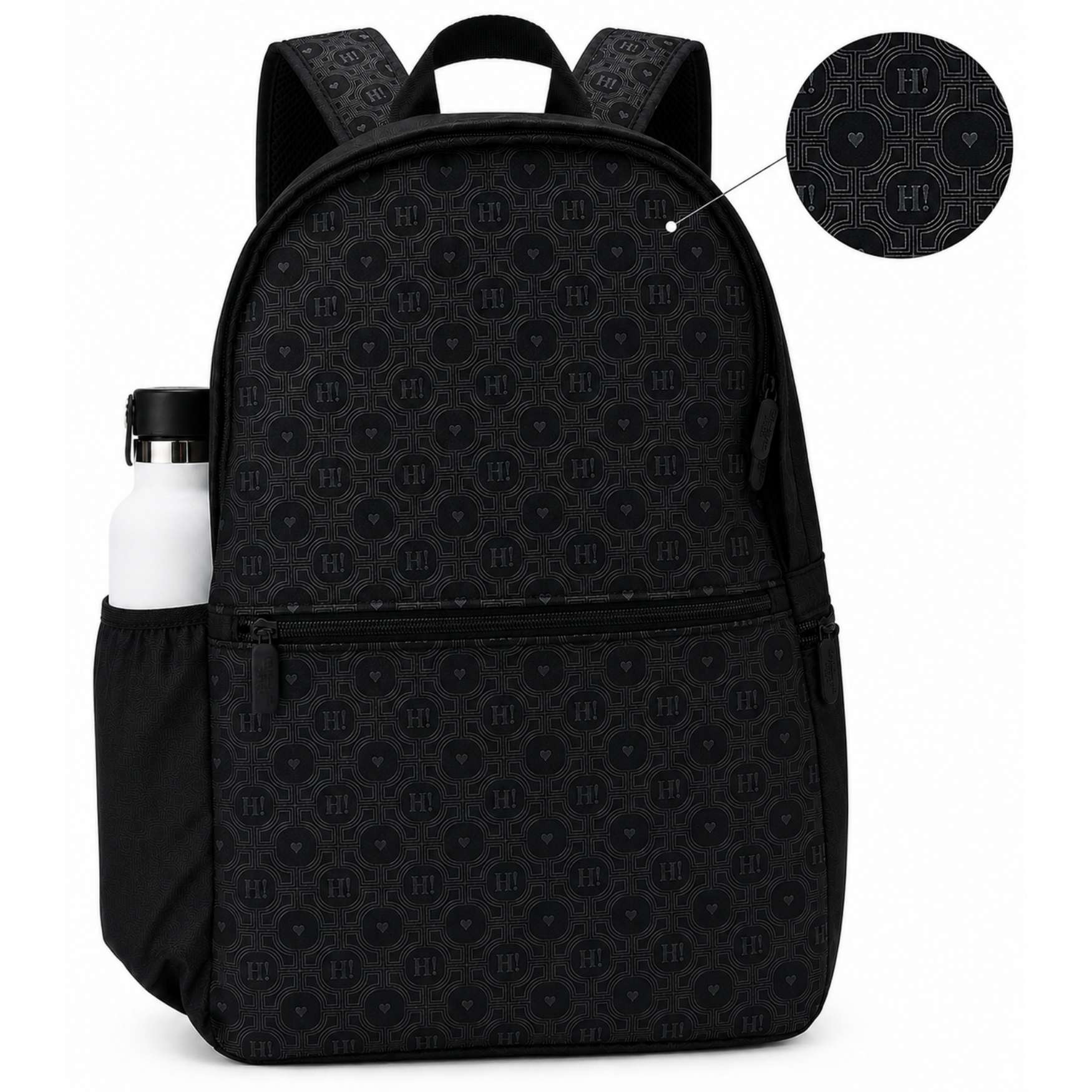 Black signature travel backpack with allover heart-and-logo pattern, side water bottle pocket, detail inset shown.