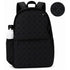 Black signature travel backpack with allover heart-and-logo pattern, side water bottle pocket, detail inset shown.