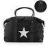 Black duffel bag with a large silver star on the front, signature patterned straps, and a circular inset detail showing a close-up of the strap texture.