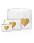 Set of three white pouches with gold hearts on a white background