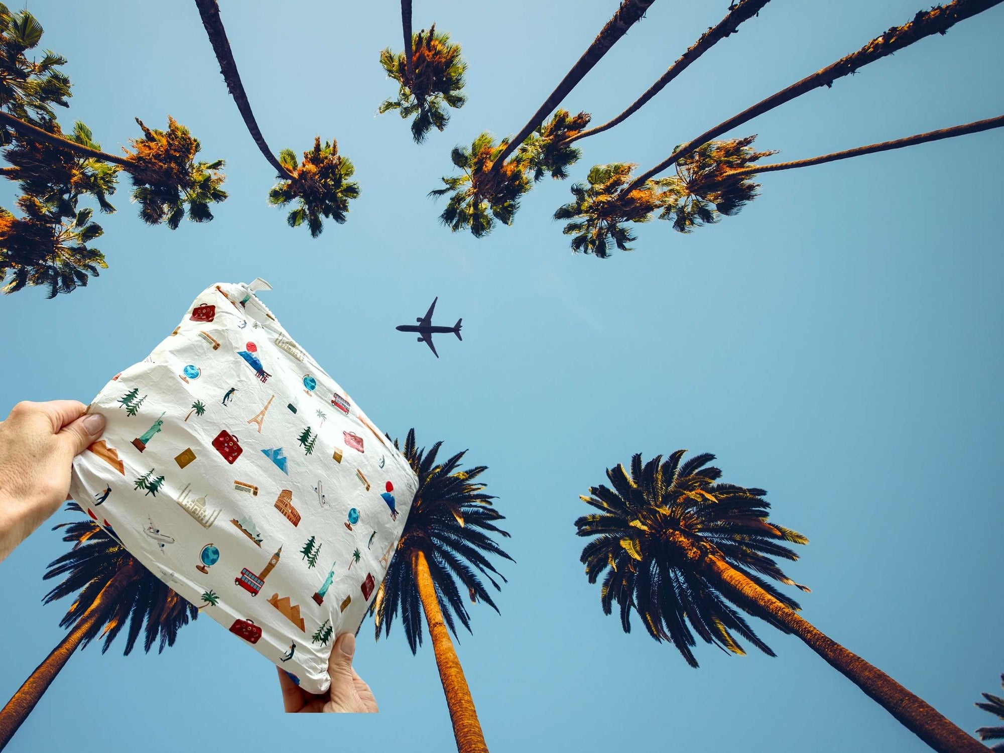 Person holding a landmark print pouch with palm trees and an airplane in the sky.
