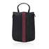 Black wine tote with top handle, two side zipper pockets, and burgundy stripe 