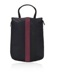 Black wine tote with top handle, two side zipper pockets, and burgundy stripe 
