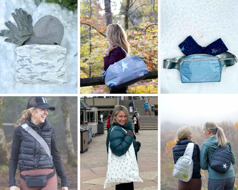 Collage of people wearing and using various bags and clothing items in different settings.