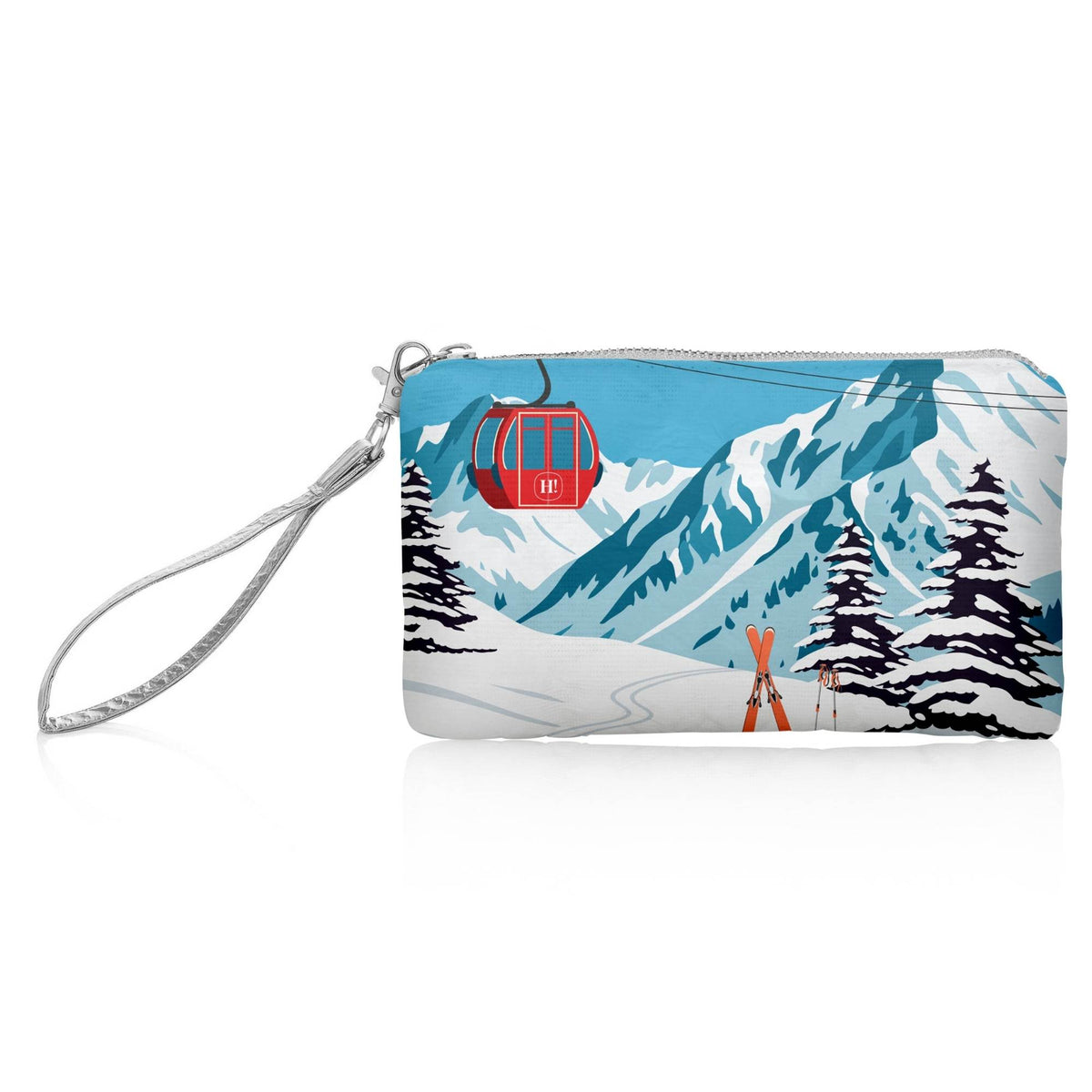 Red Gondola Zip Wristlet featuring a snowy mountain landscape with a bright red gondola, silver zipper, and removable silver wrist strap on a white background.