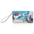 Red Gondola Zip Wristlet featuring a snowy mountain landscape with a bright red gondola, silver zipper, and removable silver wrist strap on a white background.