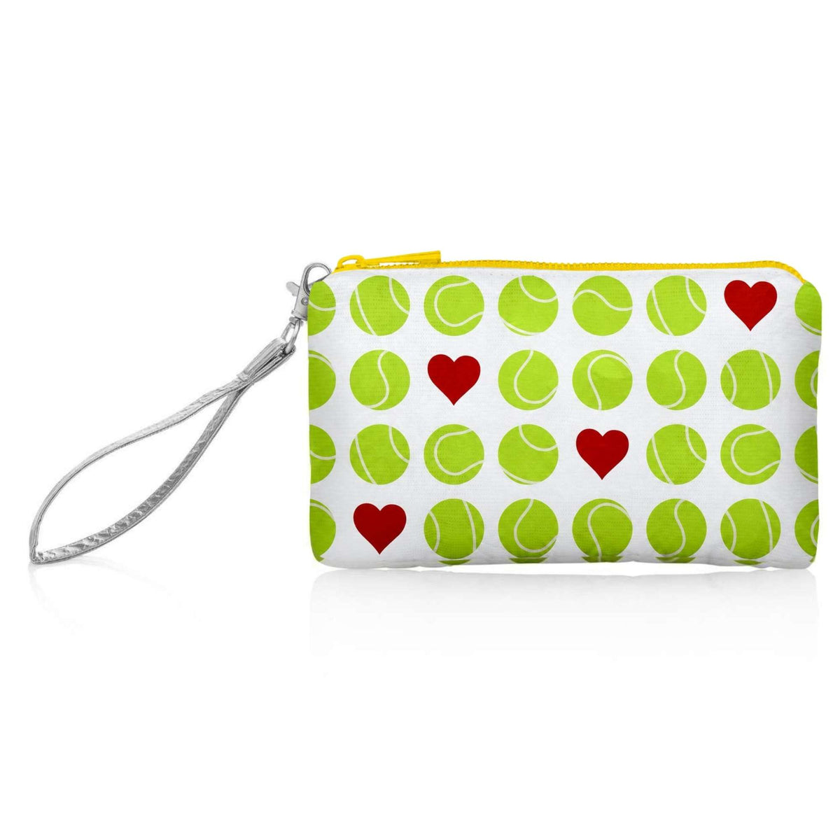 A small zip pouch with a wrist strap with green tennis balls and red hearts pattern and a yellow zipper.