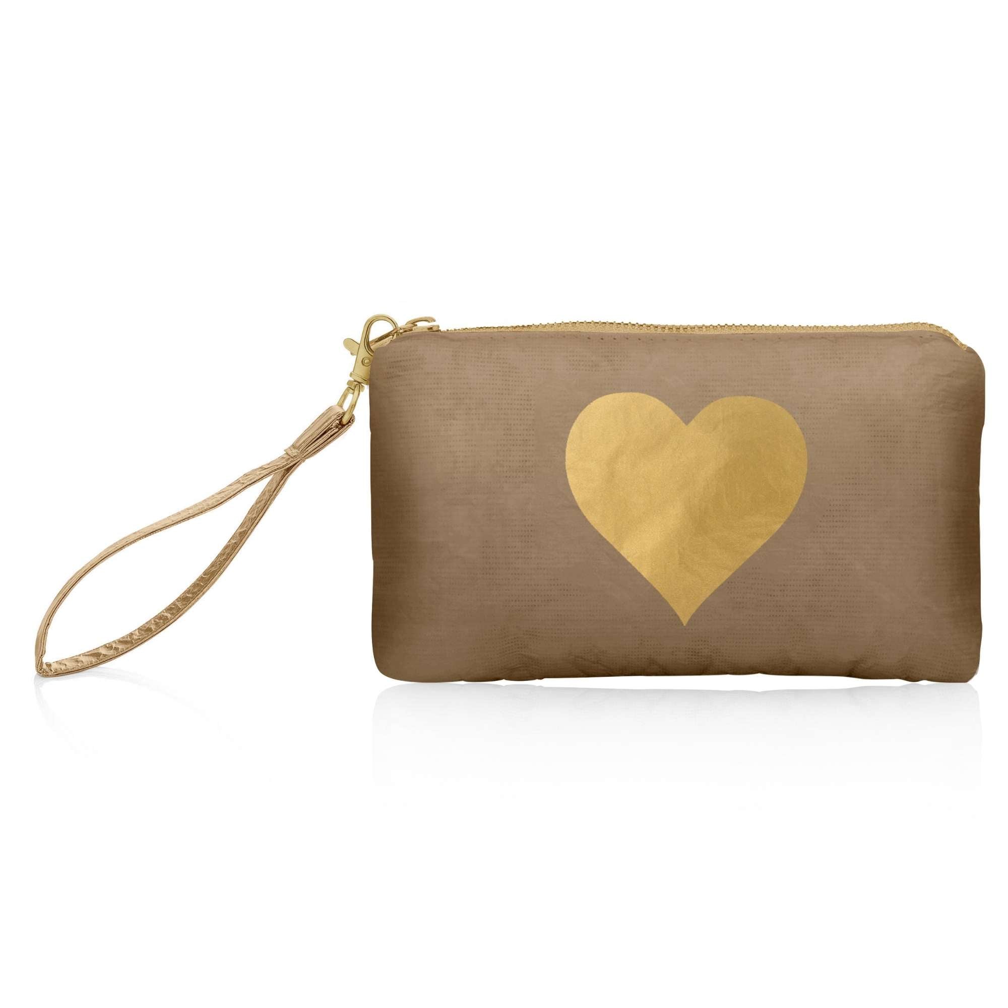 Zip Wristlet Shimmer Bronze Gold Heart with detachable metallic wrist strap shown against a white background.
