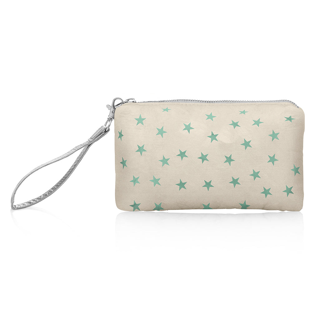 Golden shimmer beige zip wristlet with sea green stars and silver wrist strap