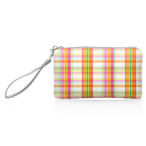 Zip wristlet pouch with pink, orange, yellow, and green plaid design