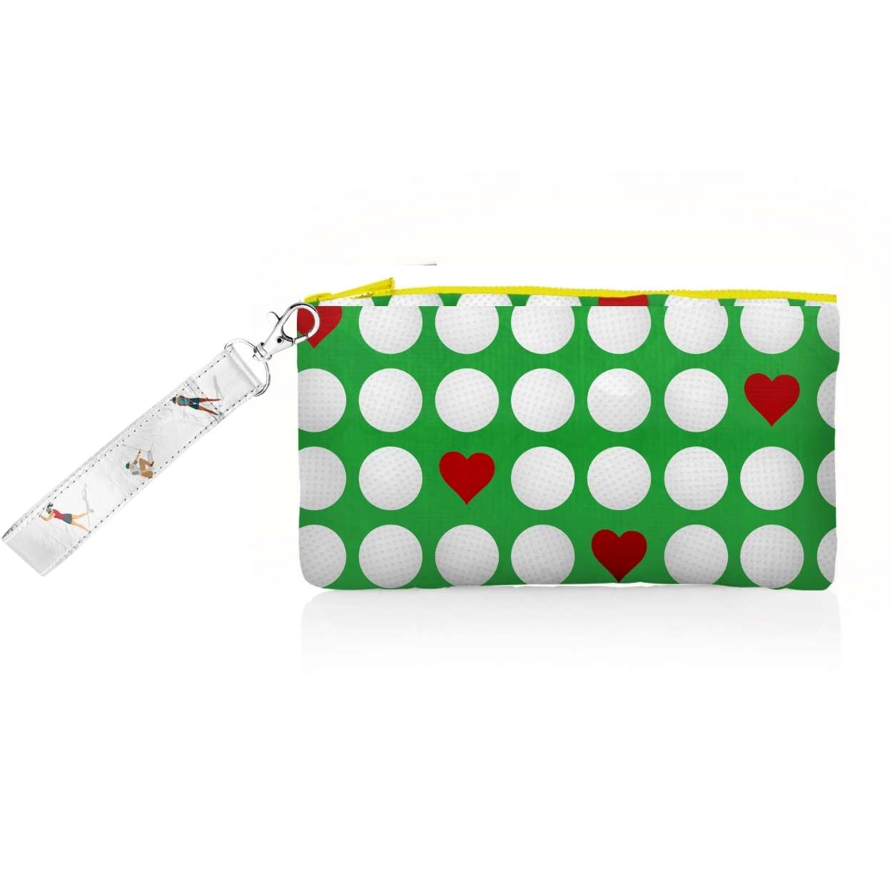 Green pouch with white golf balls and red hearts on a white background