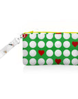 Green pouch with white golf balls and red hearts on a white background