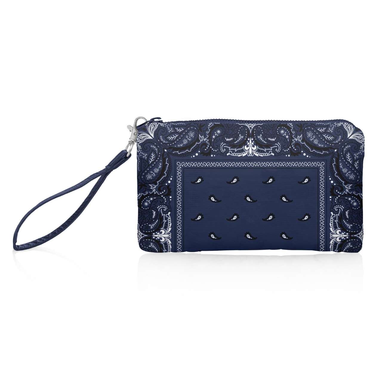 Zip wristlet in navy bandana print on a white background