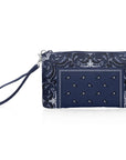 Zip wristlet in navy bandana print on a white background
