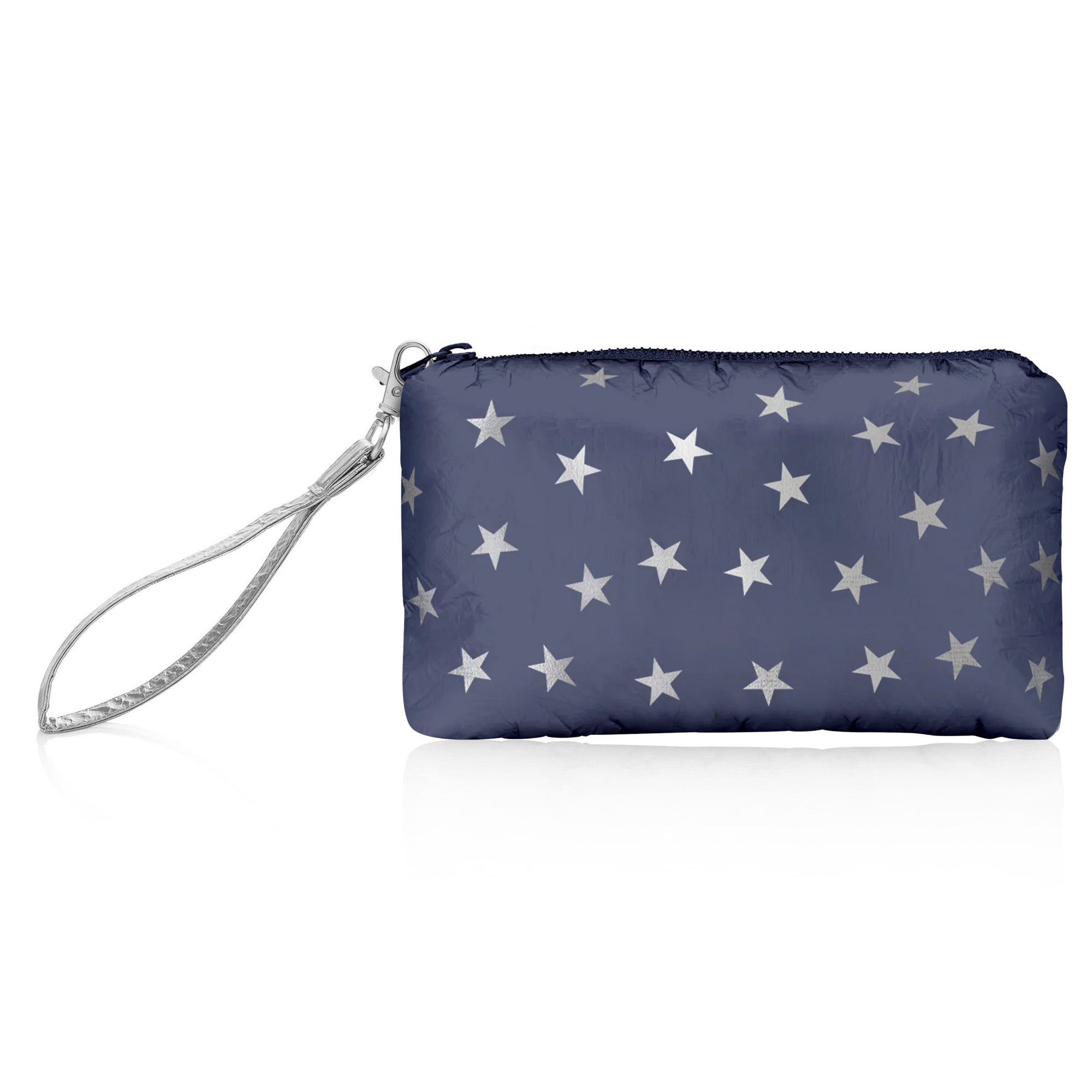 A navy blue wristlet with silver star patterns on white background
