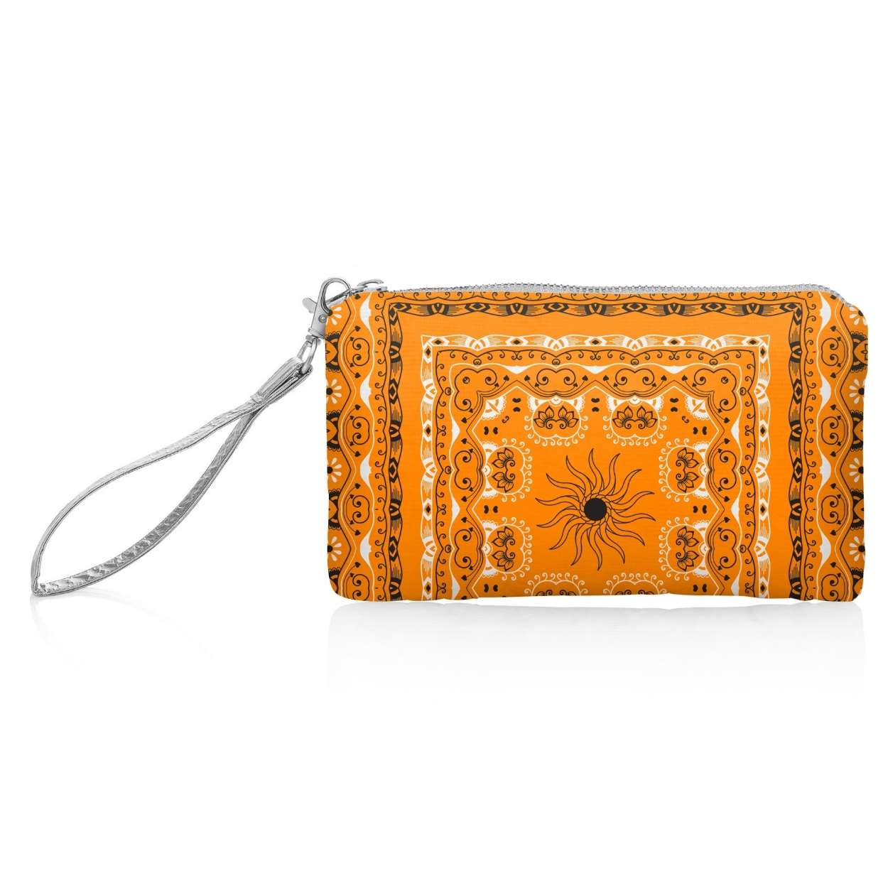 Orange bandana patterned wristlet with a silver strap on a white background
