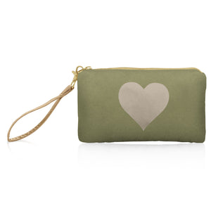 Zip Wristlet - Shimmer Army Green with Golden Heart
