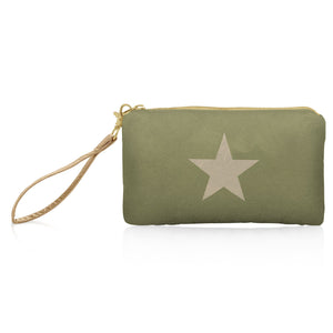 Zip Wristlet - Shimmer Army Green with Beige Star