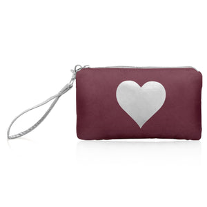 Zip wristlet in shimmer cabernet with silver heart