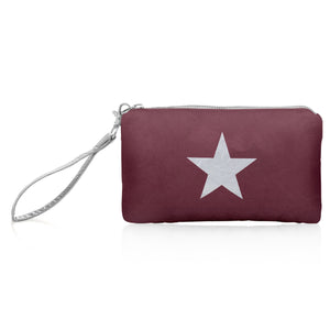 Zip wristlet in shimmer cabernet with a silver star