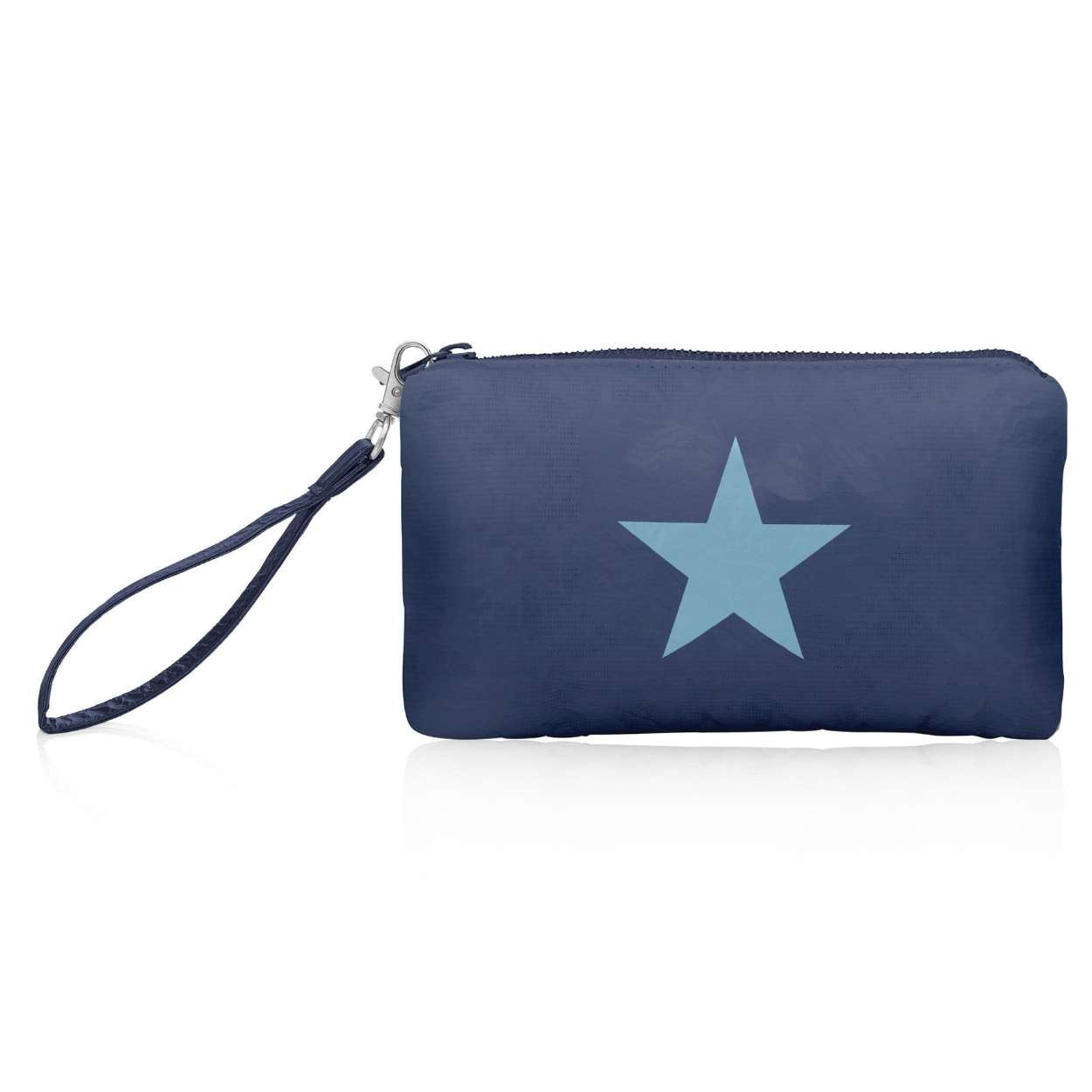 Zip wristlet in shimmer navy blue with light blue star on white