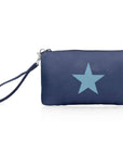 Zip wristlet in shimmer navy blue with light blue star on white
